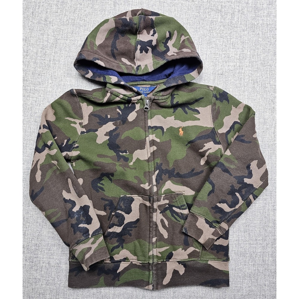 Polo Ralph Lauren Hoodie Boys 7 Green Camo Full Zip Fleece Lined Pony Logo